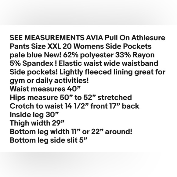 AVIA Pull On Athlesure Pants Size XXL 20 Womens Side Pockets Pale Blue New - Picture 13 of 13